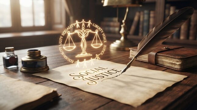 Symbol of social justice scales of justice and quill pen on desk