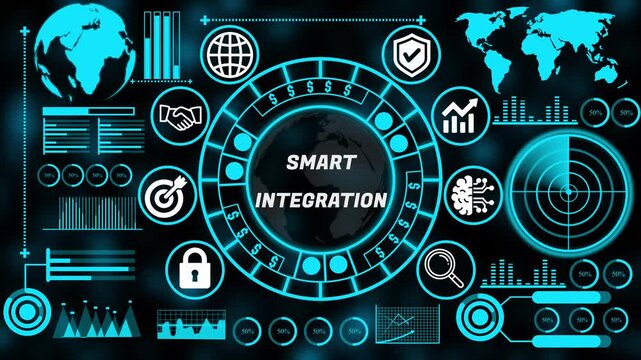 Strategic smart integration concept with interconnected business technology internet icons supporting enterprise decision making and growth. 4k animation video 
