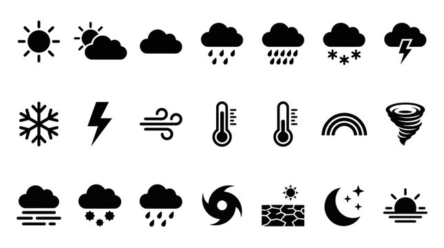 Weather symbols depicting various atmospheric conditions and climate patterns are arranged in a structured monochromatic collection.