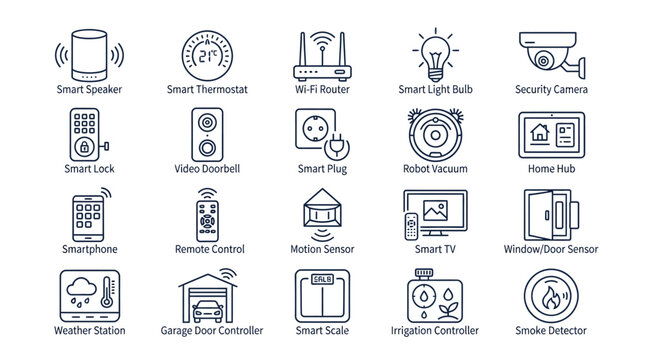 Smart home icons showcase modern automation devices and security systems for a connected household lifestyle.
