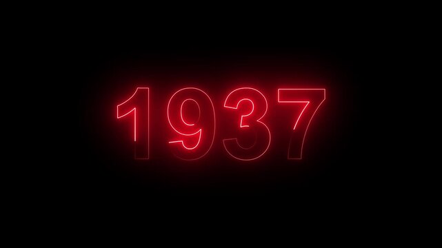 Vintage neon number 1937 glowing in dark retro style. Classic illuminated year display for historical timeline or century celebration.