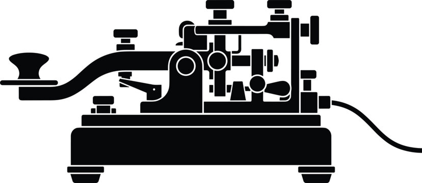 Vintage telegraph key machine vector icon illustrating antique morse code communication tool wire signal and industrial technology heritage