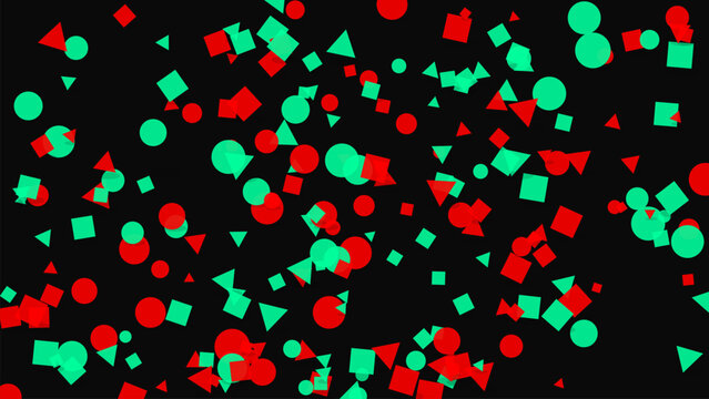 Abstract seamless red green geometric scatter pattern with circles squares triangles pentagons on black background creating modern vector design