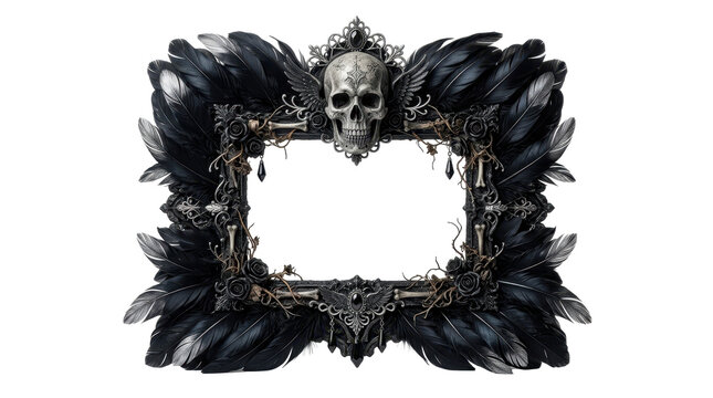Ornate gothic frame adorned with black feathers and a skull, set against a stark white background, evoking a dark and mysterious mood.