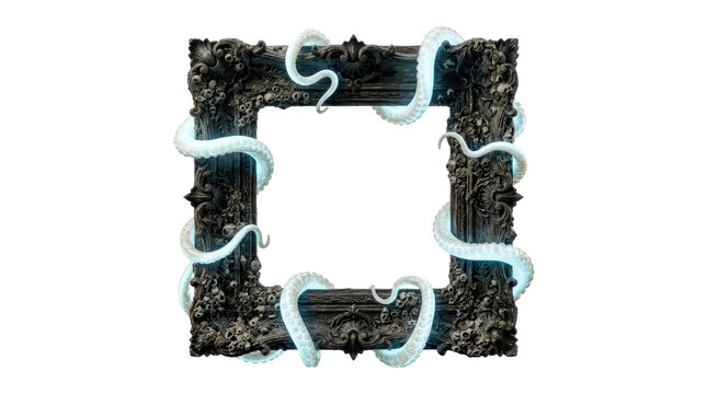 Mysterious, ornate black frame entwined with glowing, ethereal tentacles against a stark white background, evoking a sense of dark fantasy and the unknown.