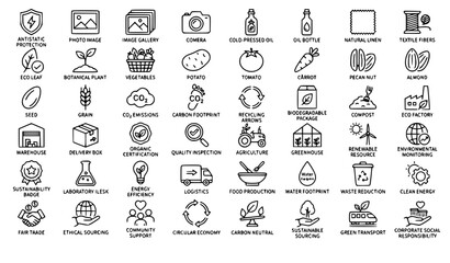 Obraz premium Premium Sustainability Icon Pack with Antistatic Natural Linen Leaf CO2 and Agriculture Outline Symbols