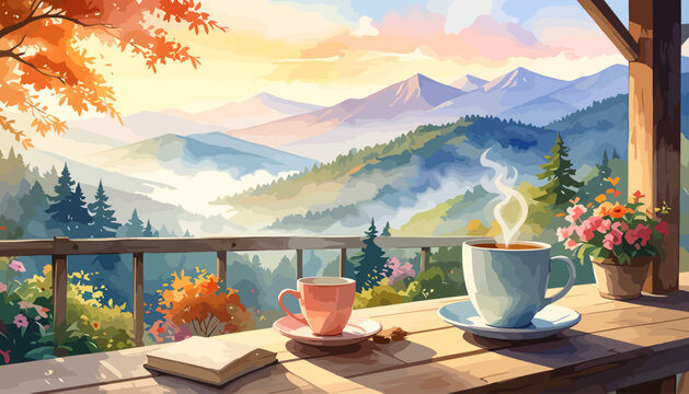 Steaming Coffee Cup on a Wooden Table with Mountain View.