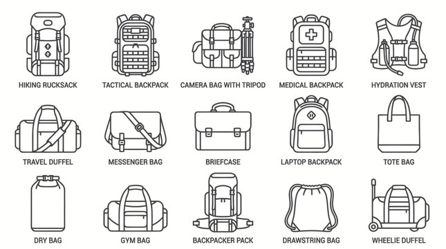 Various types of travel bags and tactical backpacks line icons.