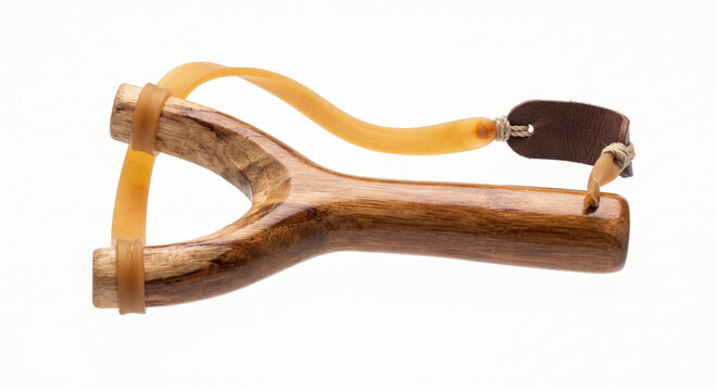Wooden slingshot with elastic band and leather pouch isolated on white background