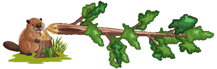 Cartoon Beaver Standing Next to a Felled Tree Trunk