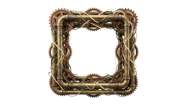 Intricate steampunk square frame crafted from weathered pipes, gears, and wires, set against a clean white background with a warm, industrial mood.