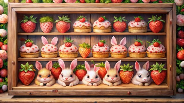 A delicate handpainted mural adorned a rustic wooden bakery case showcasing adorable pink pastel kawaii bunnies surrounded by strawberries