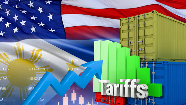 American and Philippine flags, shipping containers, and financial charts illustrate American and Philippine tariffs, trade policy, economic relations, and increased tax sanctions.