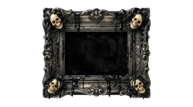 Ornate gothic picture frame adorned with skulls and dripping black wax, creating a dark and mysterious mood against a stark white background.