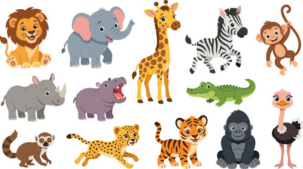 Fototapeta premium Cute Safari Animals Cartoon Character Vector Set Featuring Lion Elephant Giraffe Zebra Monkey Tiger Hippo and Gorilla for Kids Designs