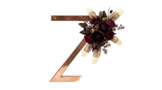 A decorative copper letter z adorned with dark floral blooms in a studio shot, creating an elegant and romantic mood against a white background.