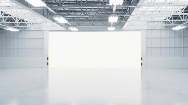 Opening the industrial factory entrance door, interior of warehouse, 3d rendering.