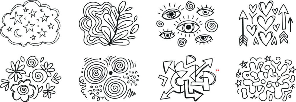 Set of eight hand drawn doodle patterns featuring abstract geometric shapes and whimsical line art sketches