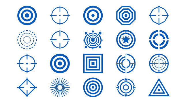 Targets and crosshairs in blue outline style are arranged in a grid to represent precision and accuracy.