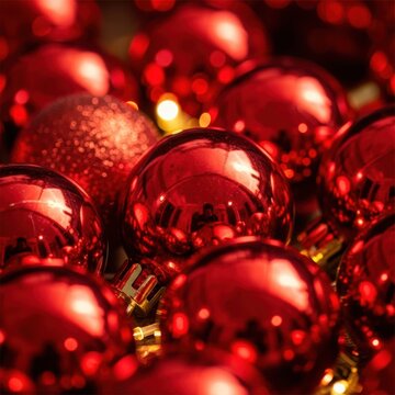 Close-up of clustered red Christmas ornaments featuring shiny reflective surfaces and one textured glitter bauble with warm bokeh background lighting for festive holiday decoration.