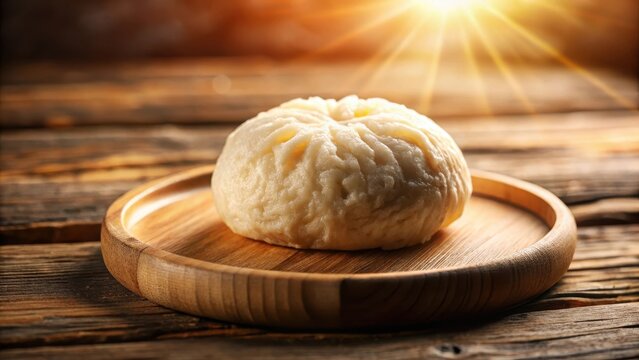 A delicate white round food item rests serenely on a rustic worn wooden plate bathed in warm golden light