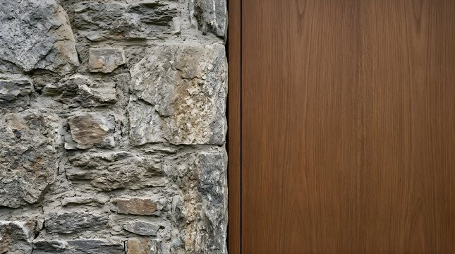 Natural stone wall next to a modern smooth brown wooden door panel