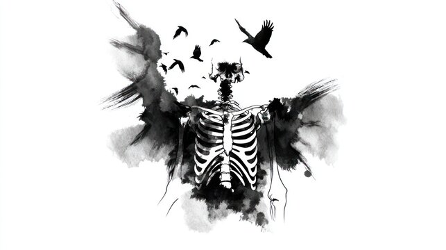 Skeleton with flying birds monochrome illustration concept freedom