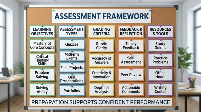 Assessment Framework Displayed On A Bulletin Board With Various Educational Categories And Subtopics