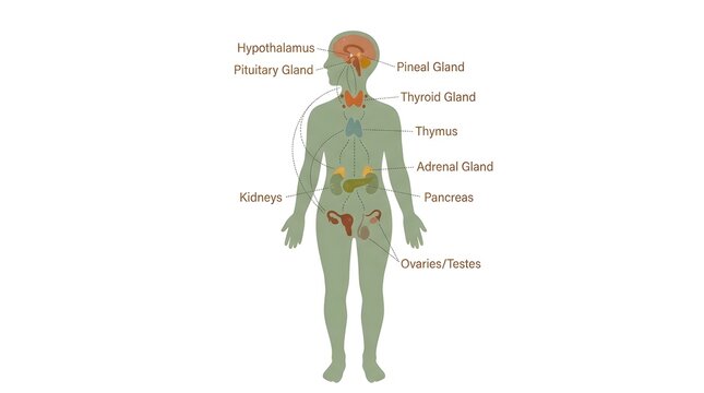Educational diagram showing the human endocrine system with labeled glands and organs.