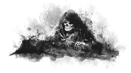 Fototapeta premium Grim reaper figure in ink wash style depicting death symbolism