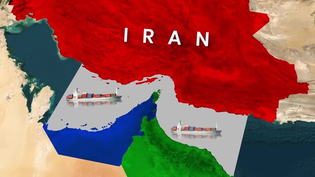 Strait of Hormuz Map Animation Showing Cargo Ships in Iran and UAE Waters