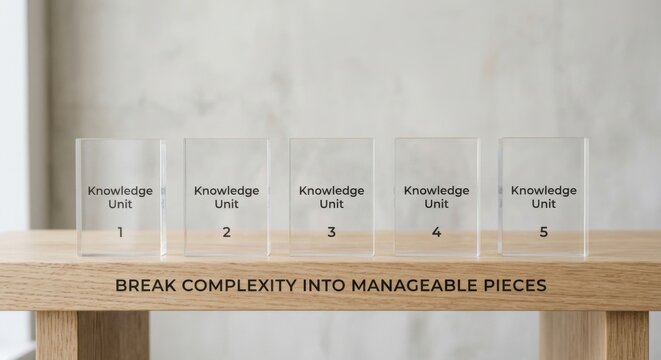 Clear Acrylic Rectangles with 'Knowledge Unit' Labels Displayed on a Wooden Shelf
