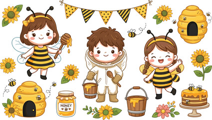Naklejka premium Cute Kawaii Honey Bee Vector Set with Beekeeper Boy, Girls in Bee Costumes, Beehives, Sunflowers, and Honey Jar Elements for Kids Crafts