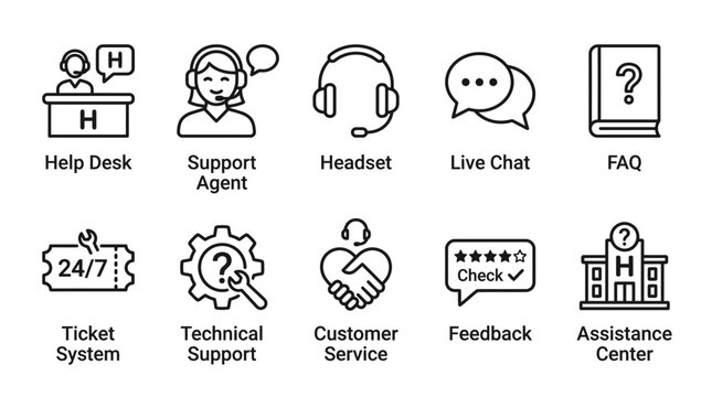 Customer support icon set. Vector collection of service help desk and technical assistance symbols.