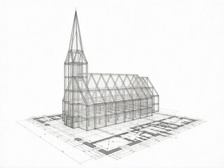 Obraz premium Architectural wireframe drawing of a church structure