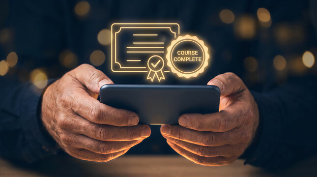 Digital certificate of completion on smartphone, online education course complete icon, person holding mobile phone with glowing virtual diploma