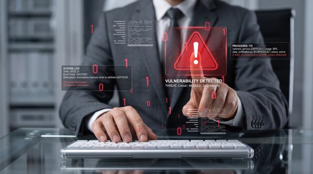 Businessman touching red warning icon on futuristic interface, vulnerability detected alert, critical data integrity threat, cybersecurity with digital code overlay and system log