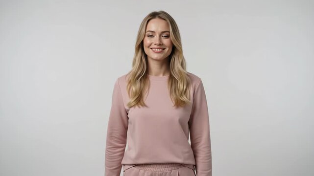 Smiling young blonde woman making a come here gesture on white background