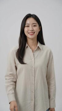 Beautiful young Korean woman pointing at camera and gesturing come here on white background. Vertical video