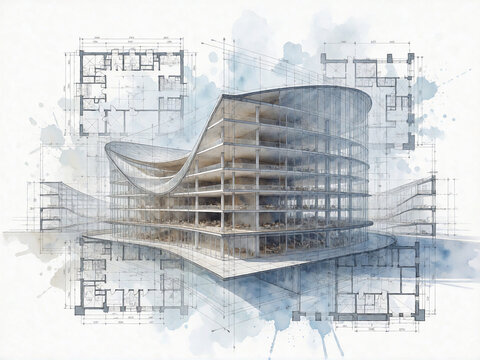 Architectural blueprint collage of a curved modern glass building