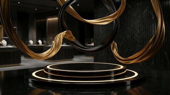 Luxury black and gold podium display with flowing rings.