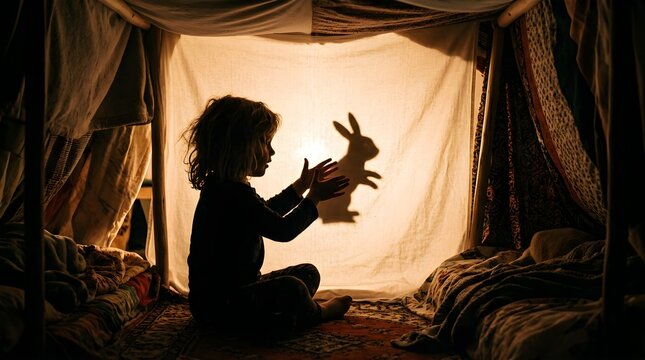 Child making rabbit shadow puppet on sheet inside a cozy living room tent