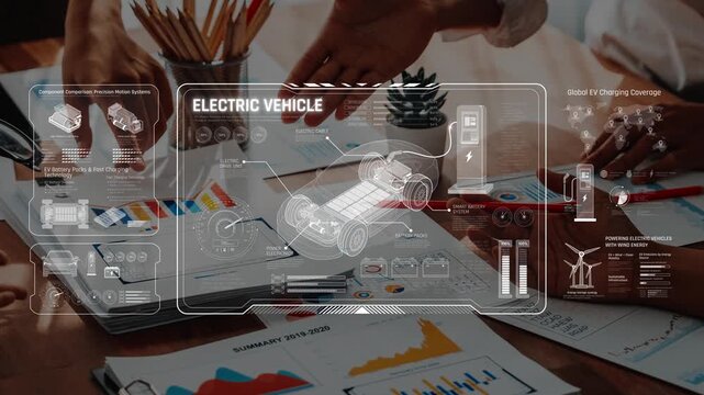 A group of professionals collaborate in a meeting focused on electric vehicle technology, analyzing data with charts and graphs to foster innovative ideas for sustainable solutions. Raster