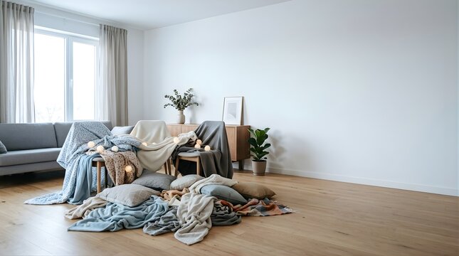 Cozy fort made of blankets and pillows in a bright minimalist living room