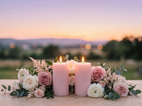 Two lit pink pillar candles surrounded by romantic dusty rose cream white roses ranunculus astilbe eucalyptus floral arrangement on rustic wooden table against dreamy purple lavender sunset