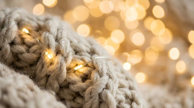 Cozy knitted blanket with warm glowing fairy lights for holiday comfort