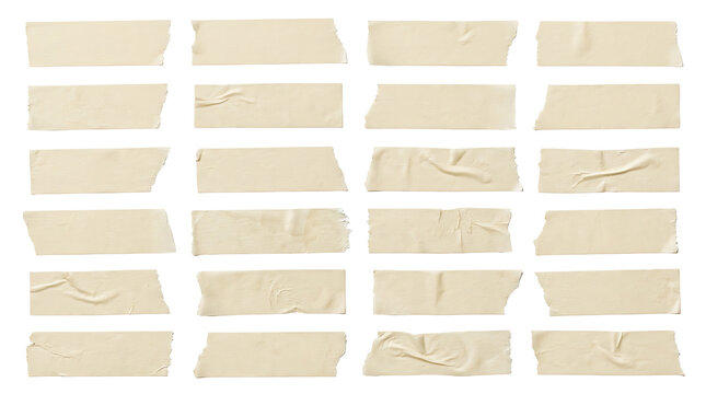 Set of beige masking tape strips with torn edges isolated on a black background for collage design