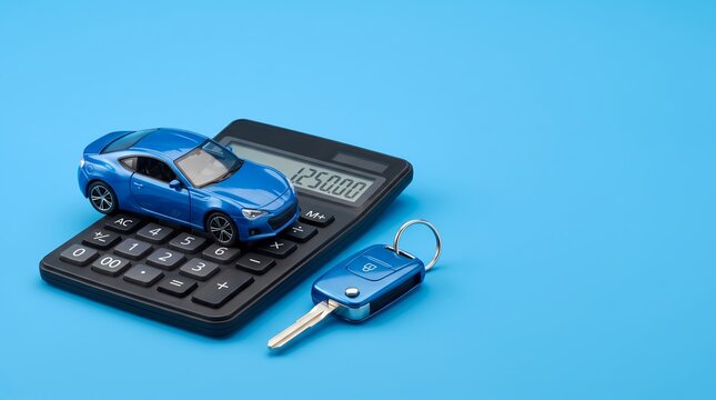 Blue Toy Car on Calculator with Car Key, Auto Loan and Vehicle Finance Concept on Blue Background. symbolizing auto loan calculation, car insurance, vehicle financing, and automotive expenses.