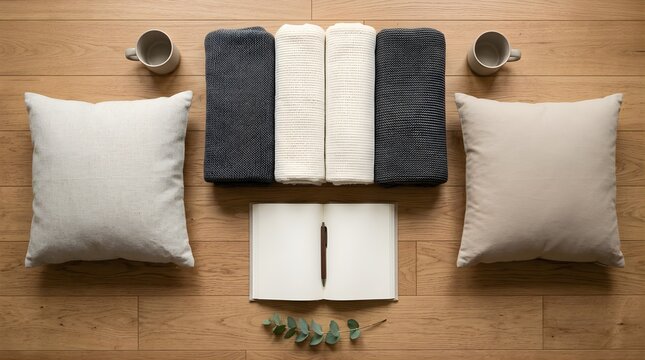 Flat lay of blankets pillows and notebook on wooden floor
