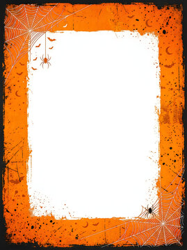 Halloween orange grunge frame with spider web. Spooky holiday border for festive invitations.